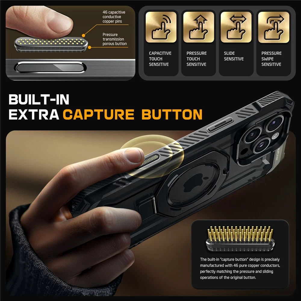 Инфографика за калъф SUPCASE UB Grip MagSafe за iPhone 16 Pro – показва вграден екстра бутон за камера и чувствителни на допир бутони
