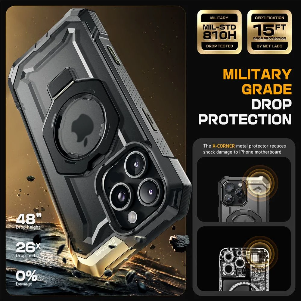 Инфографика за калъф SUPCASE UB Grip MagSafe за iPhone 16 Pro – милитарен стандарт MIL-STD 810H, протекция от падане до 15’, А X-Corner протектор защита от удари