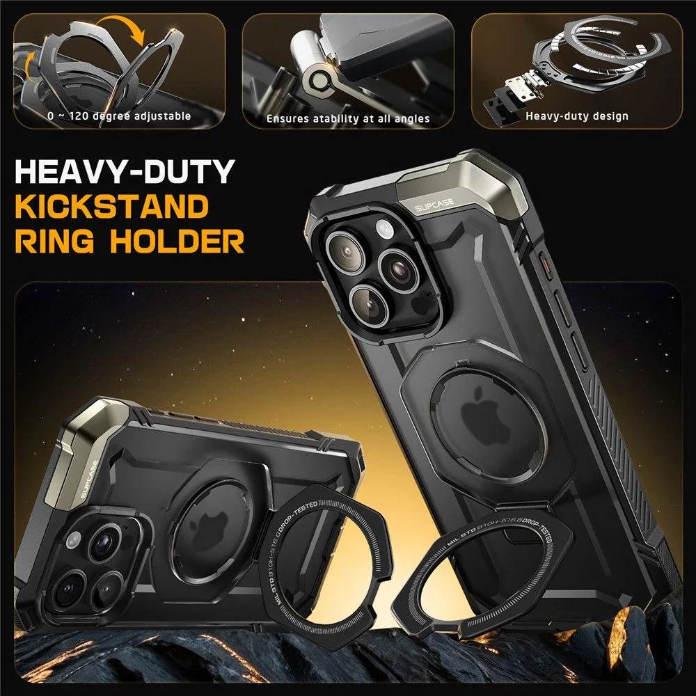 Инфографика за калъф SUPCASE UB Grip MagSafe за iPhone 16 Pro – heavy-duty ring holder, издръжлива стойка за 0‑120 градуса, запазва стабилността във всички ъгли