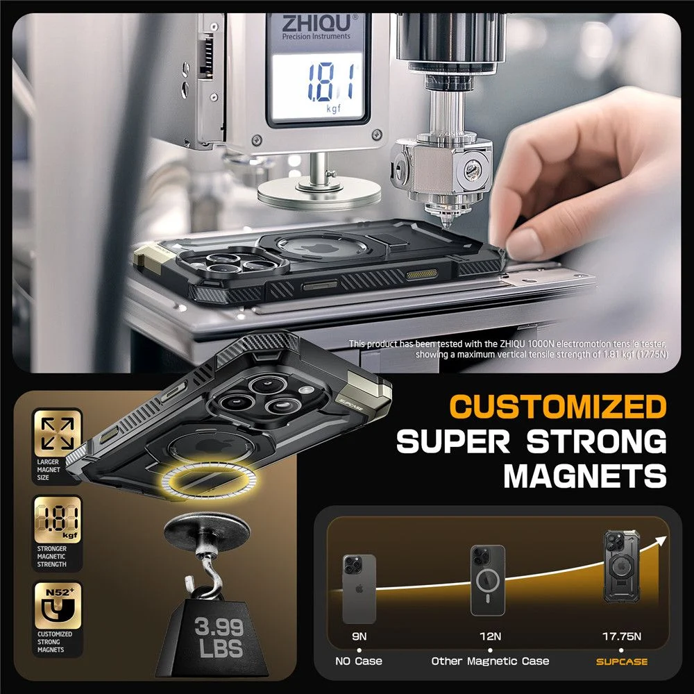 Инфографика за калъф SUPCASE UB Grip MagSafe за iPhone 16 Pro – показва силни магнити, вертикална сила 17.75 N и държка 3.99 lbs