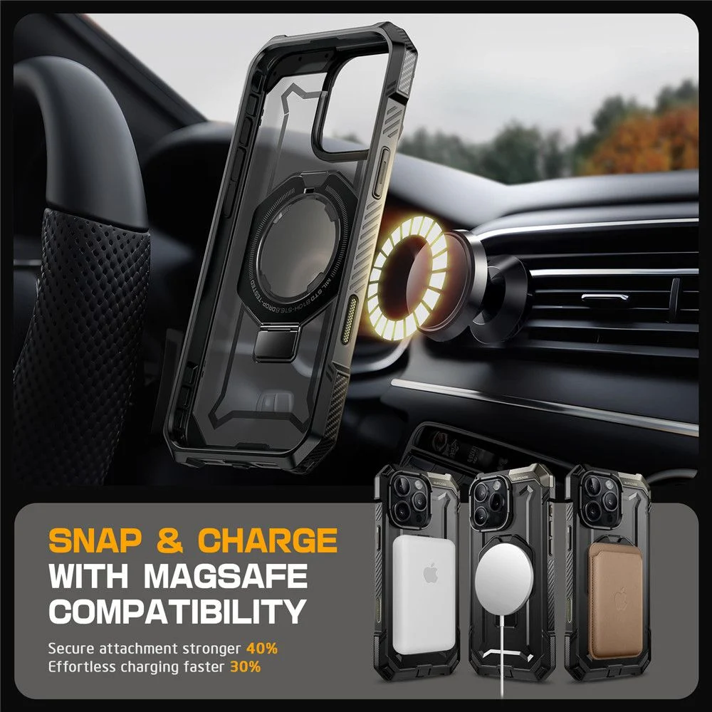 Инфографика за калъф SUPCASE UB Grip MagSafe за iPhone 16 Pro – Snap & Charge, съвместим с MagSafe, по-силно закрепване (40%) и по-бързо безжично зарядане (30%)