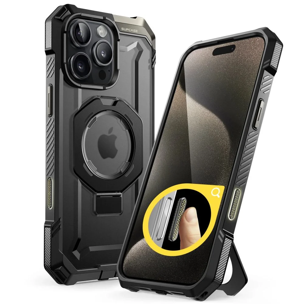 Калъф SUPCASE UB Grip MagSafe за Apple iPhone 16 Pro – черен защитен калъф с MagSafe пръстен, демонстриран с захват за палец