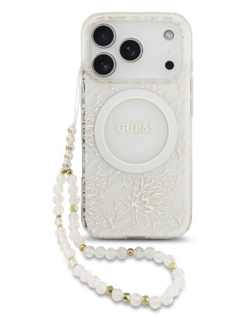 GUESS Калъф Apple iPhone 17 Pro, IML Flowers Allover MagSafe + Wrist Strap, бял - GUHMP17XHCPOFPH