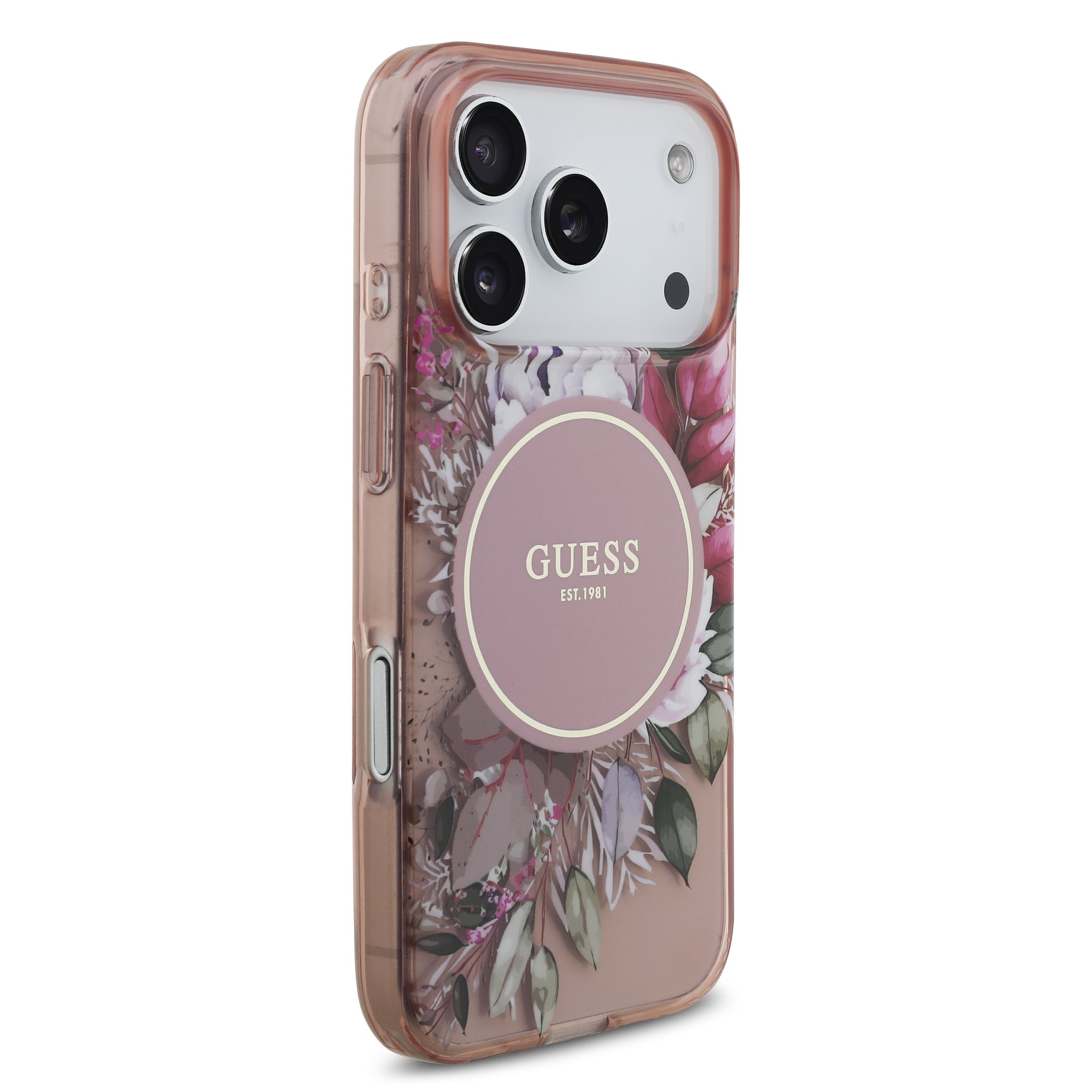 GUESS Калъф Apple iPhone 17 Pro Max, IML Flowers Allover MagSafe + Wrist Strap, розов - GUHMP17XHFWBRCESP – снимка 3