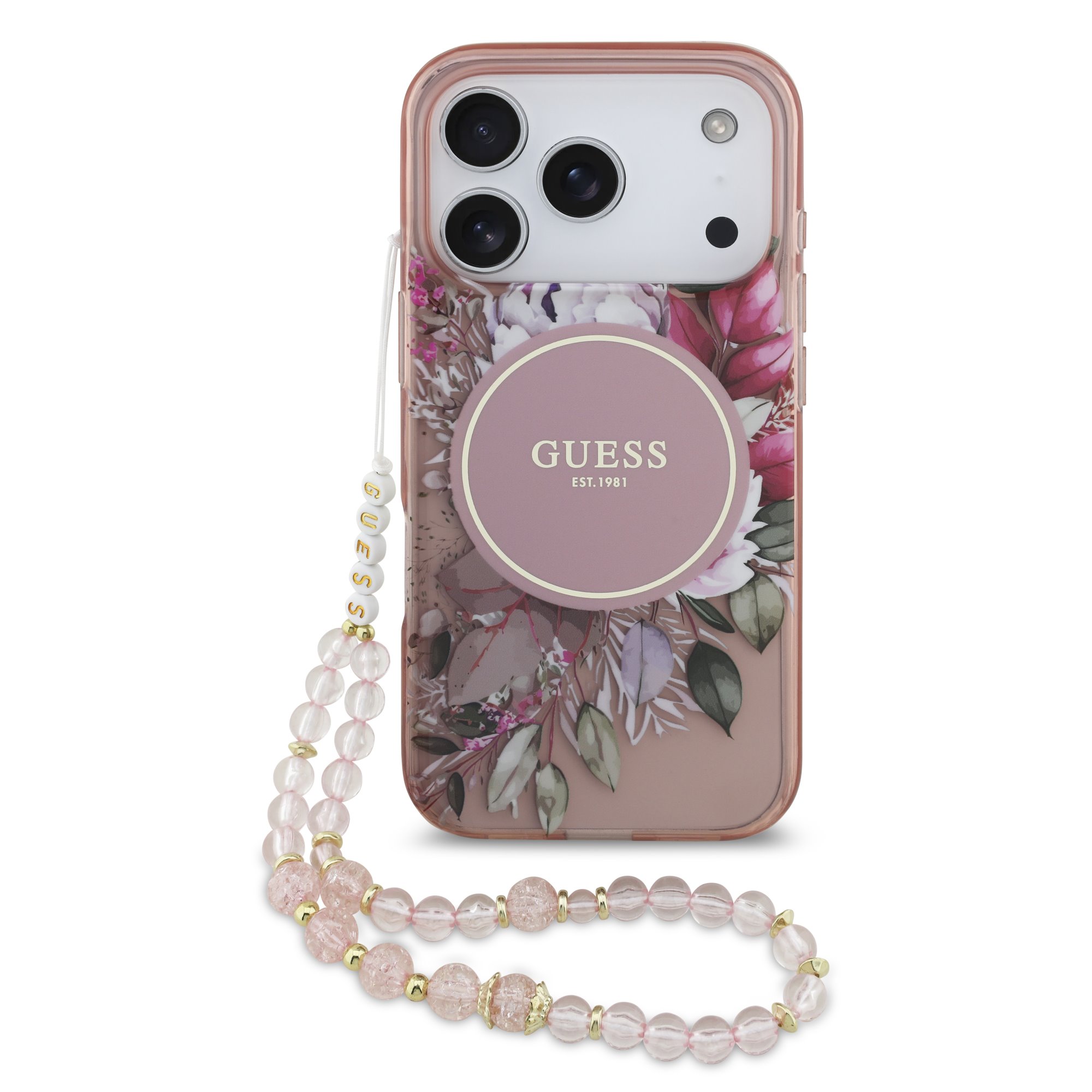 GUESS Калъф Apple iPhone 17 Pro Max, IML Flowers Allover MagSafe + Wrist Strap, розов - GUHMP17XHFWBRCESP