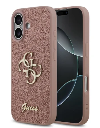 guess pu fixed glitter 4g metal logo case for iphone 17 pink