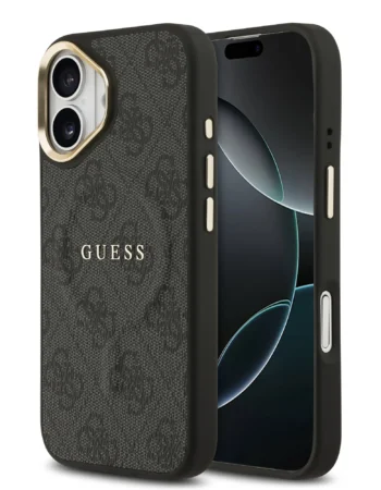 guess pu leather 4g gold frame magsafe case for iphone 17 black