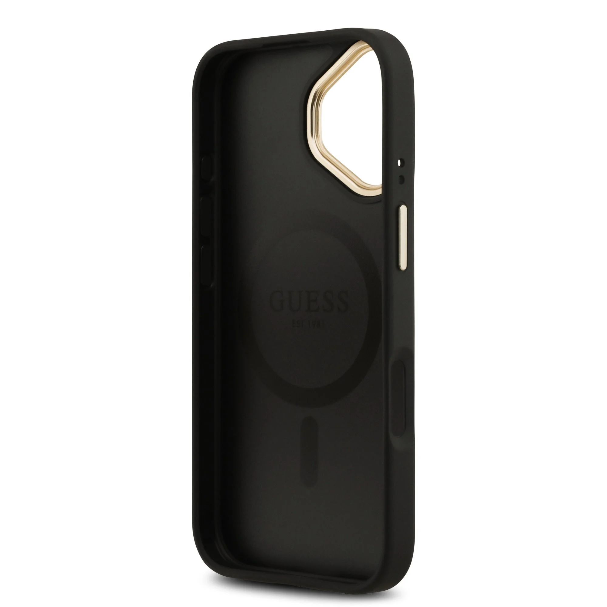 guess pu leather 4g gold frame magsafe case for iphone 17 black 6
