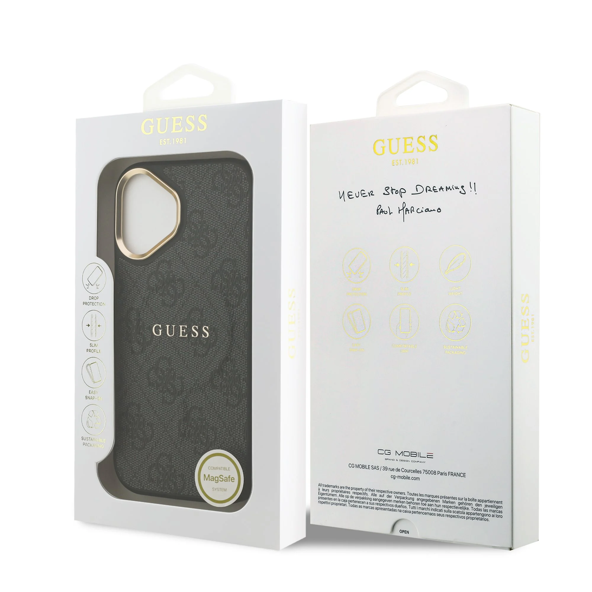 guess pu leather 4g gold frame magsafe case for iphone 17 black 7