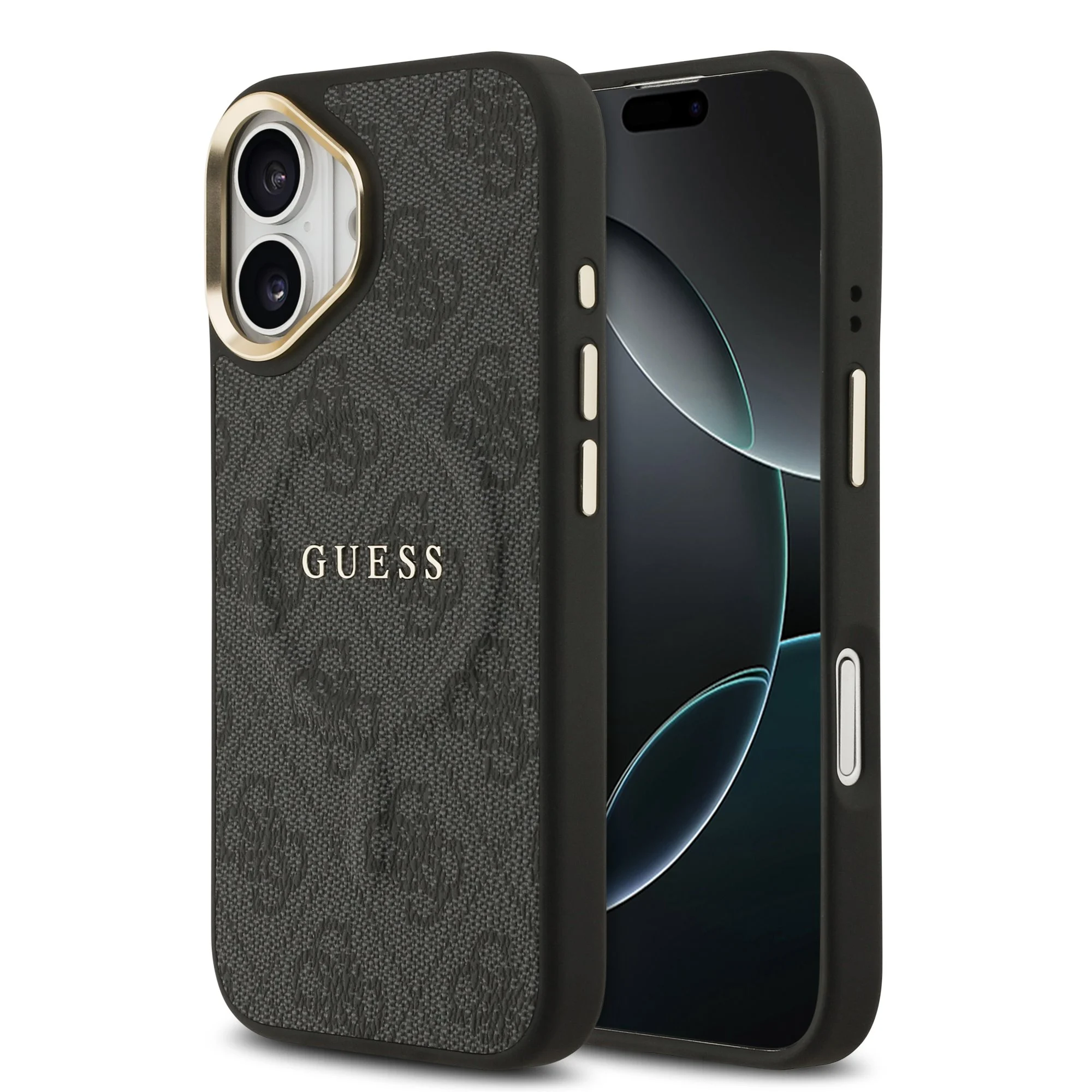 guess pu leather 4g gold frame magsafe case for iphone 17 black