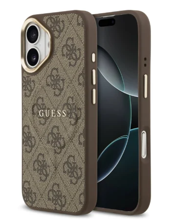 guess pu leather 4g gold frame magsafe case for iphone 17 brown