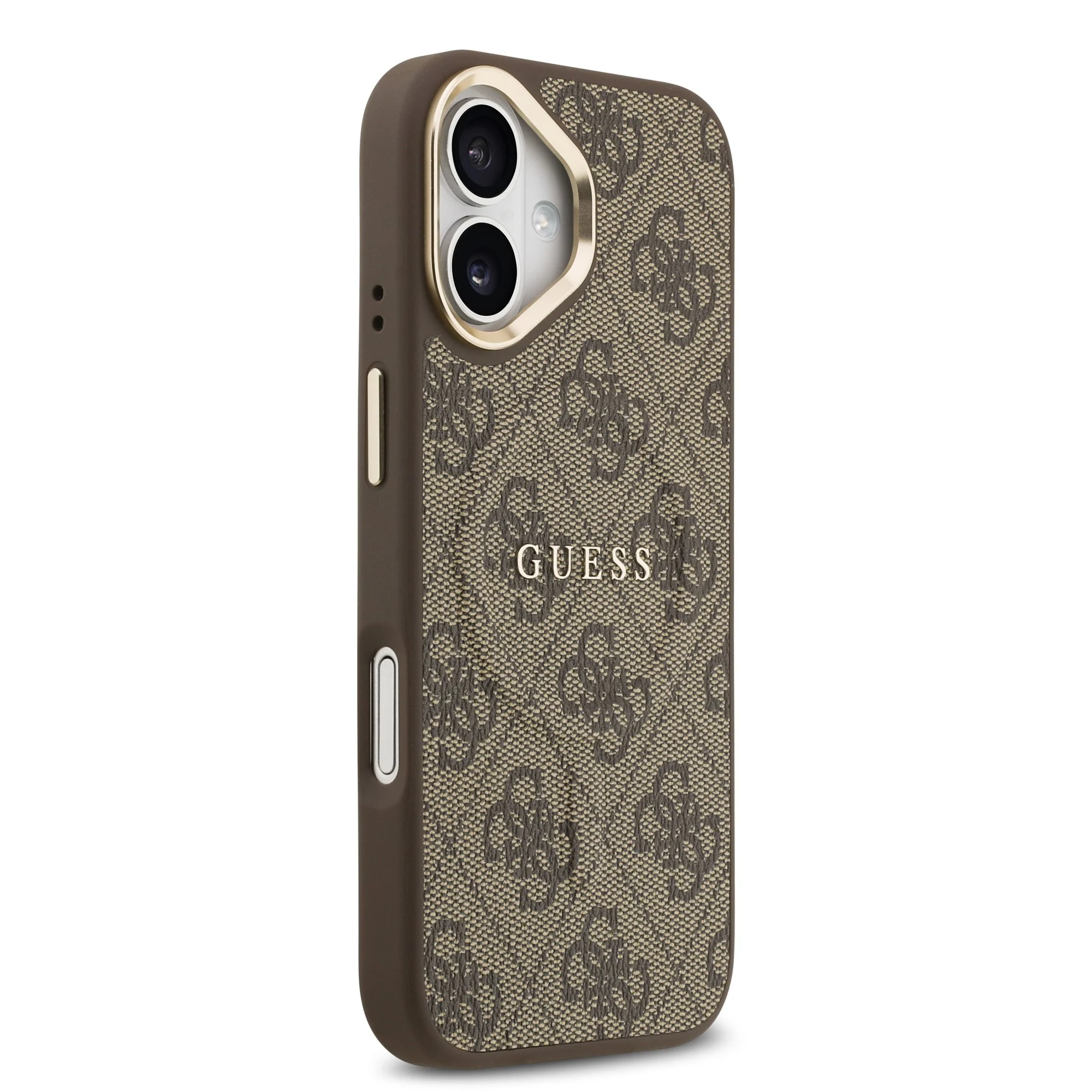 guess pu leather 4g gold frame magsafe case for iphone 17 brown 4