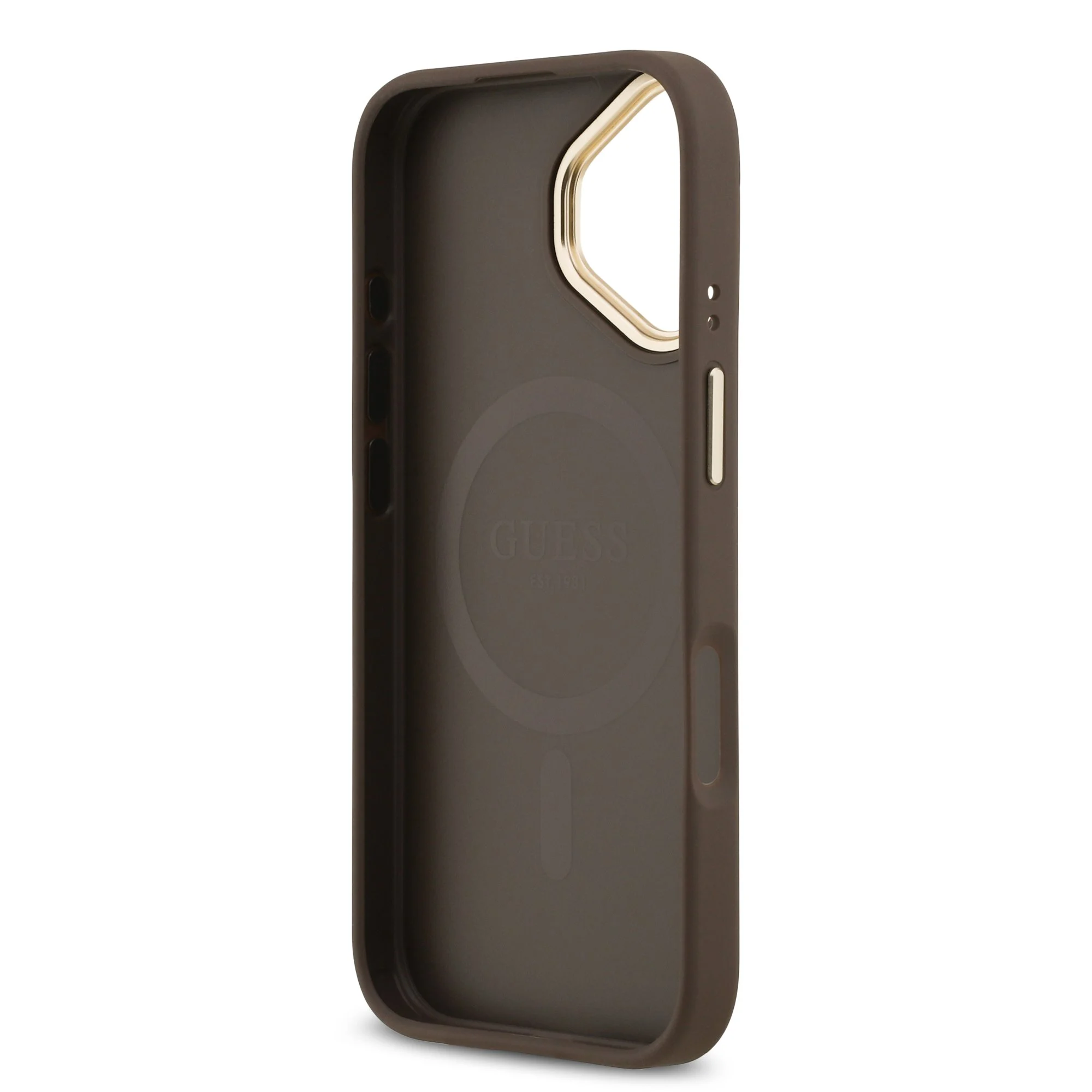 guess pu leather 4g gold frame magsafe case for iphone 17 brown 6