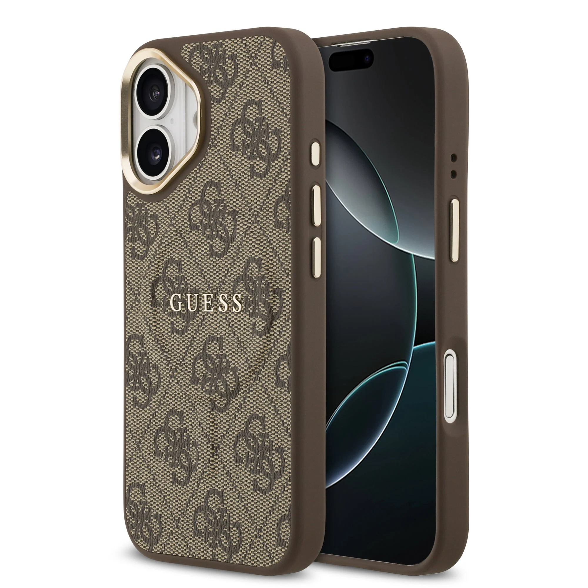 guess pu leather 4g gold frame magsafe case for iphone 17 brown