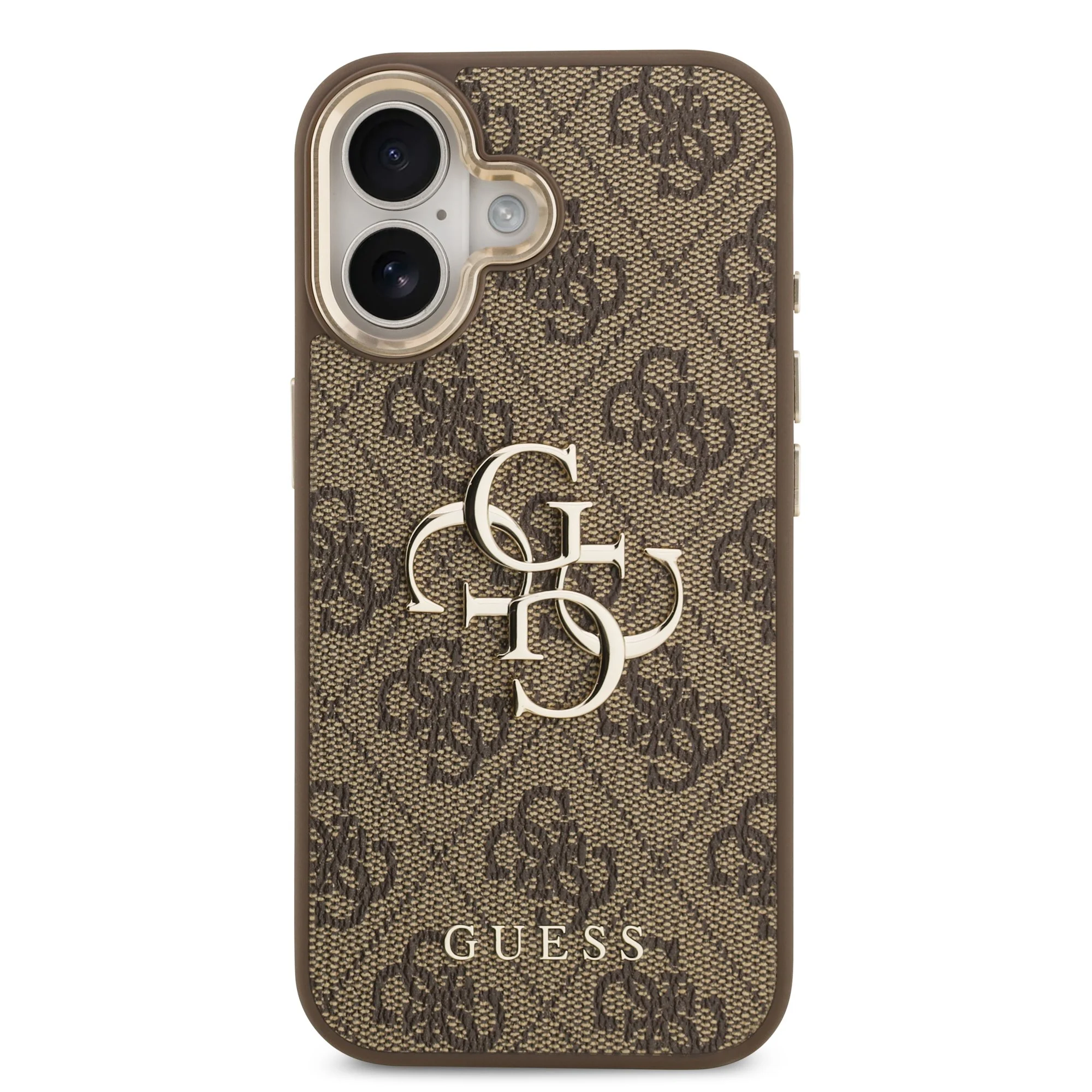 guess pu leather 4g metal logo gold frame case for iphone 17 brown 3