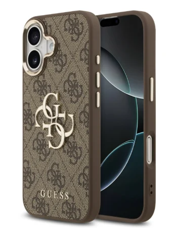 guess pu leather 4g metal logo gold frame case for iphone 17 brown