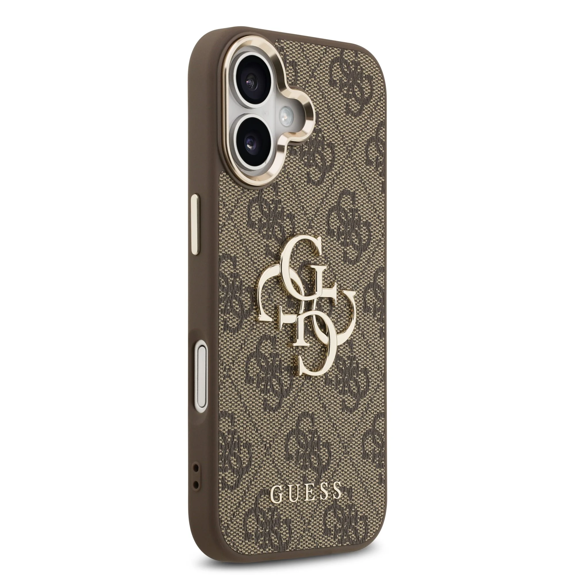 guess pu leather 4g metal logo gold frame case for iphone 17 brown 4