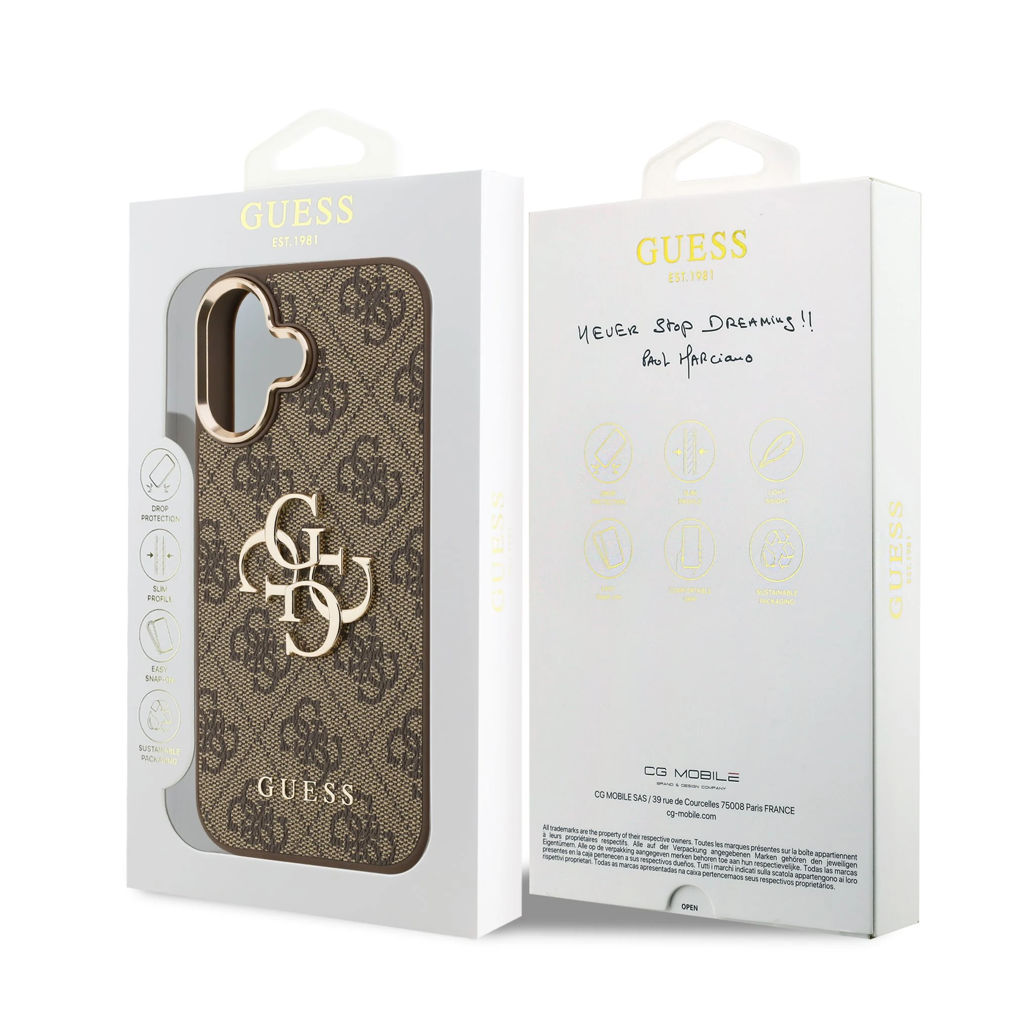 guess pu leather 4g metal logo gold frame case for iphone 17 brown 7