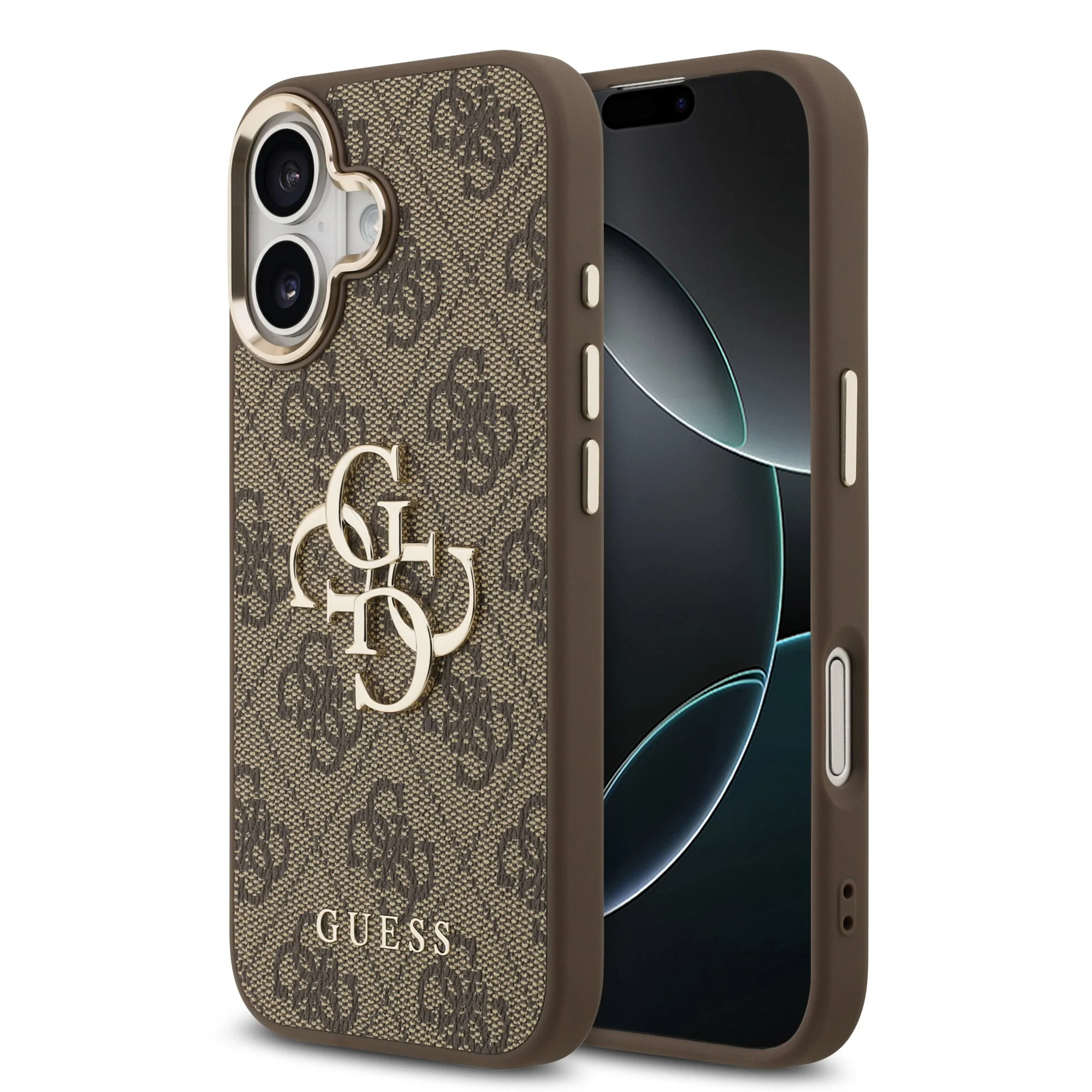 guess pu leather 4g metal logo gold frame case for iphone 17 brown