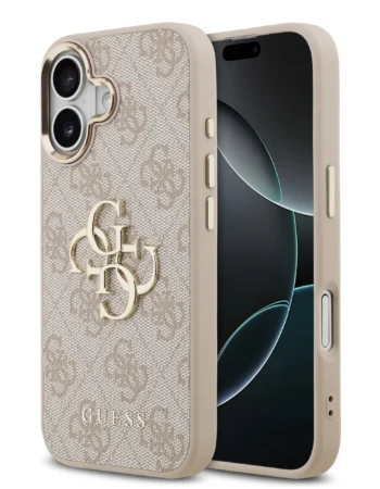 guess pu leather 4g metal logo gold frame case for iphone 17 pink