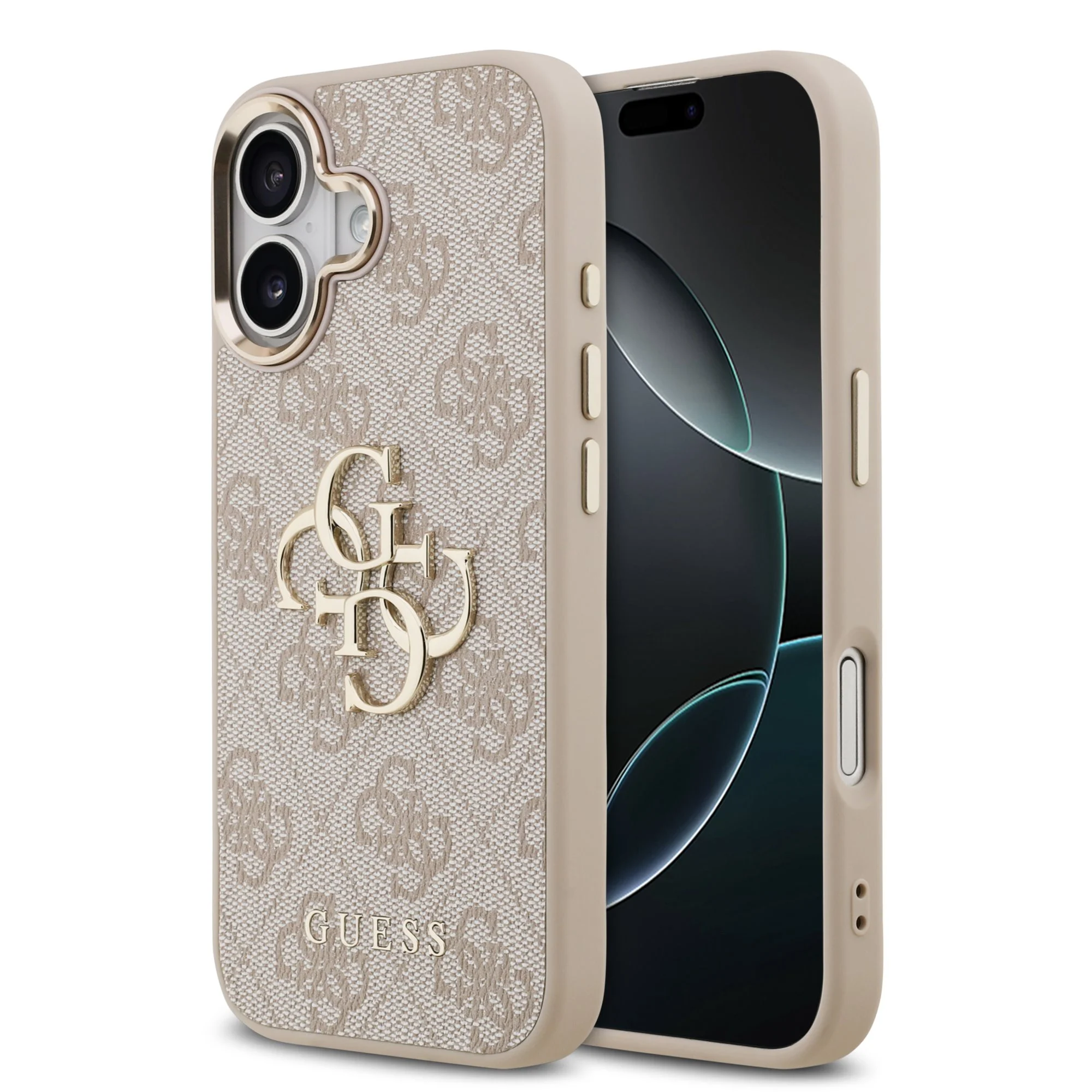 guess pu leather 4g metal logo gold frame case for iphone 17 pink