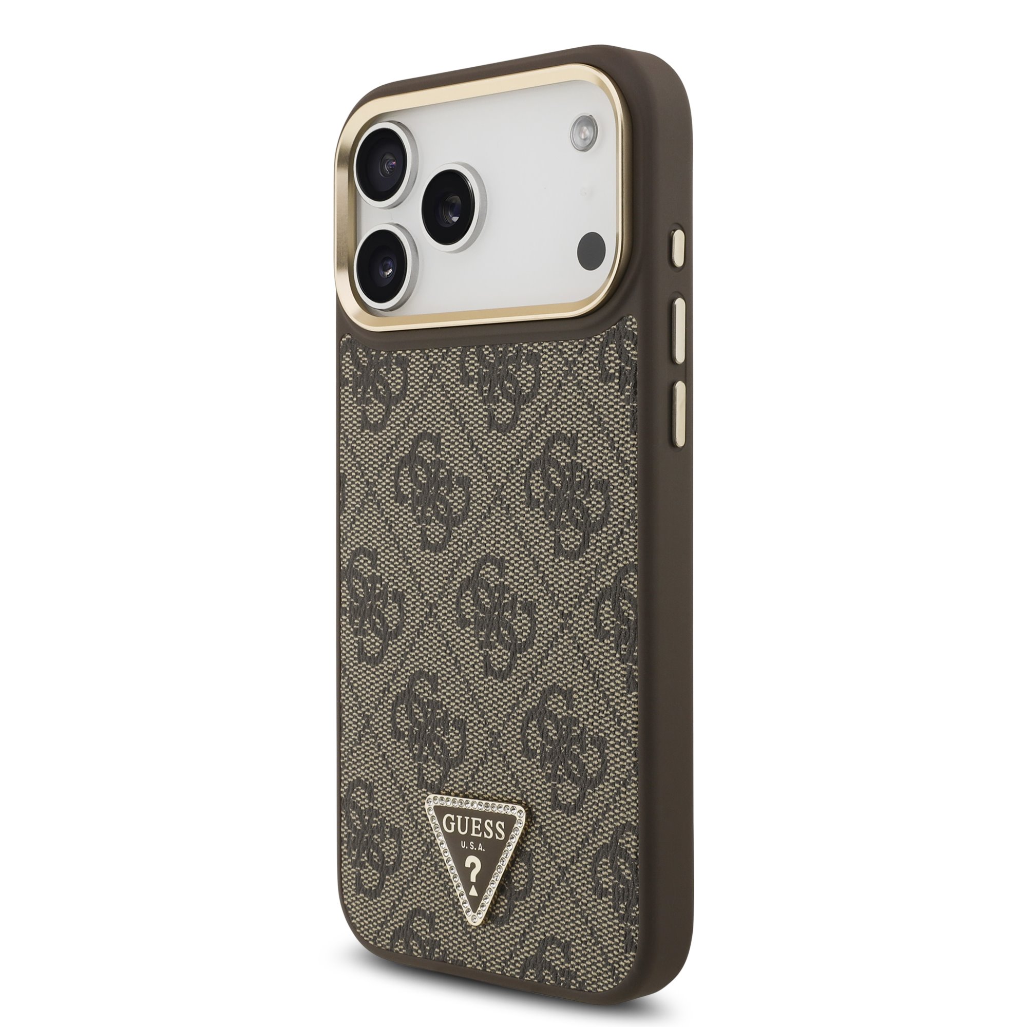 GUESS Калъф Apple iPhone 17 Pro Max, PU 4G Strass Triangle Logo Gold Frame MagSafe ,кафяв - GUHMP17XP4GTDGMW – снимка 2