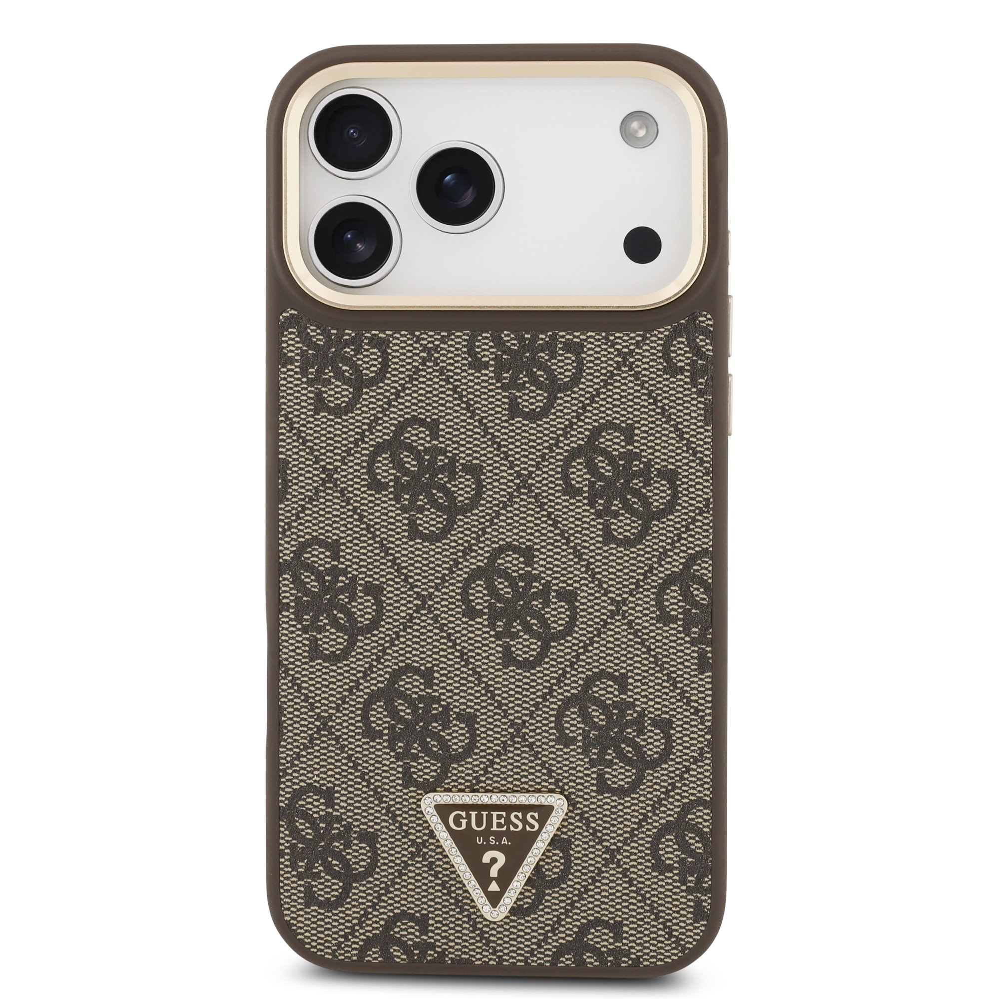 GUESS Калъф Apple iPhone 17 Pro Max, PU 4G Strass Triangle Logo Gold Frame MagSafe ,кафяв - GUHMP17XP4GTDGMW – снимка 3