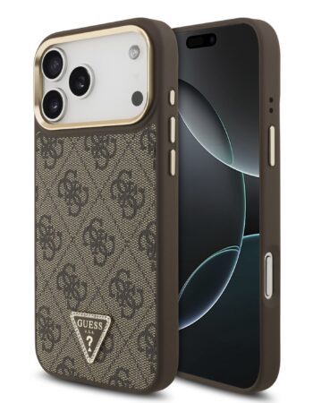 GUESS Калъф Apple iPhone 17 Pro Max, PU 4G Strass Triangle Logo Gold Frame MagSafe ,кафяв - GUHMP17XP4GTDGMW