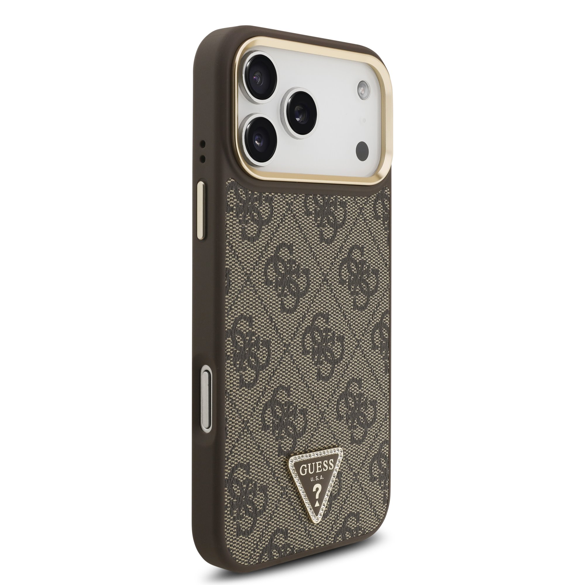 GUESS Калъф Apple iPhone 17 Pro Max, PU 4G Strass Triangle Logo Gold Frame MagSafe ,кафяв - GUHMP17XP4GTDGMW – снимка 4