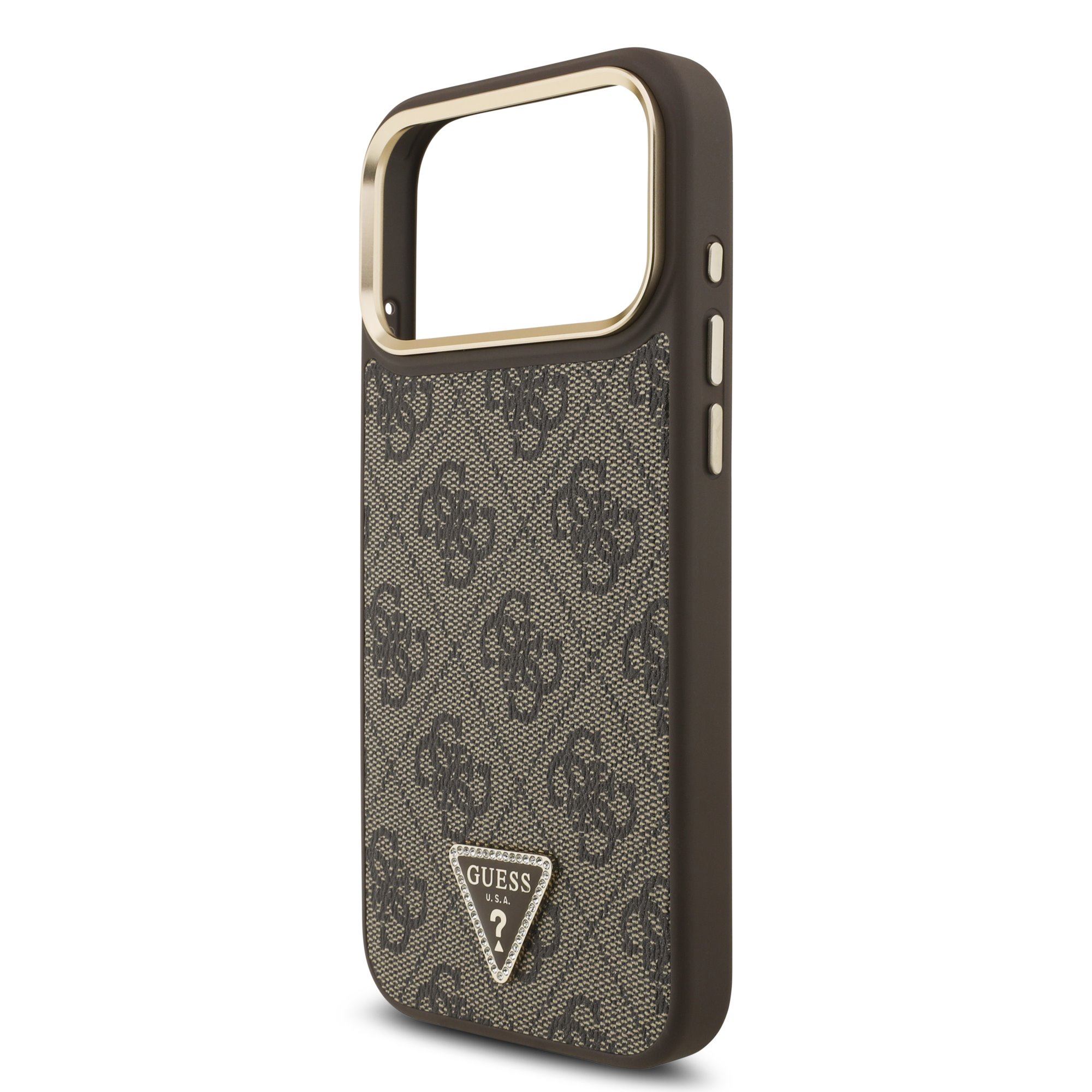 GUESS Калъф Apple iPhone 17 Pro Max, PU 4G Strass Triangle Logo Gold Frame MagSafe ,кафяв - GUHMP17XP4GTDGMW – снимка 5