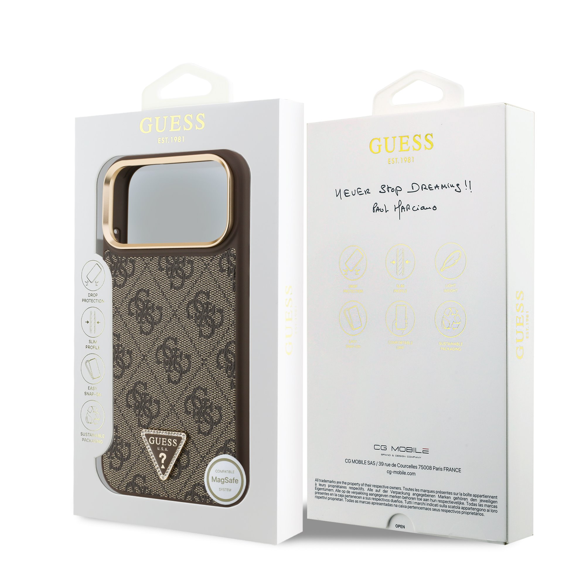 GUESS Калъф Apple iPhone 17 Pro Max, PU 4G Strass Triangle Logo Gold Frame MagSafe ,кафяв - GUHMP17XP4GTDGMW – снимка 7