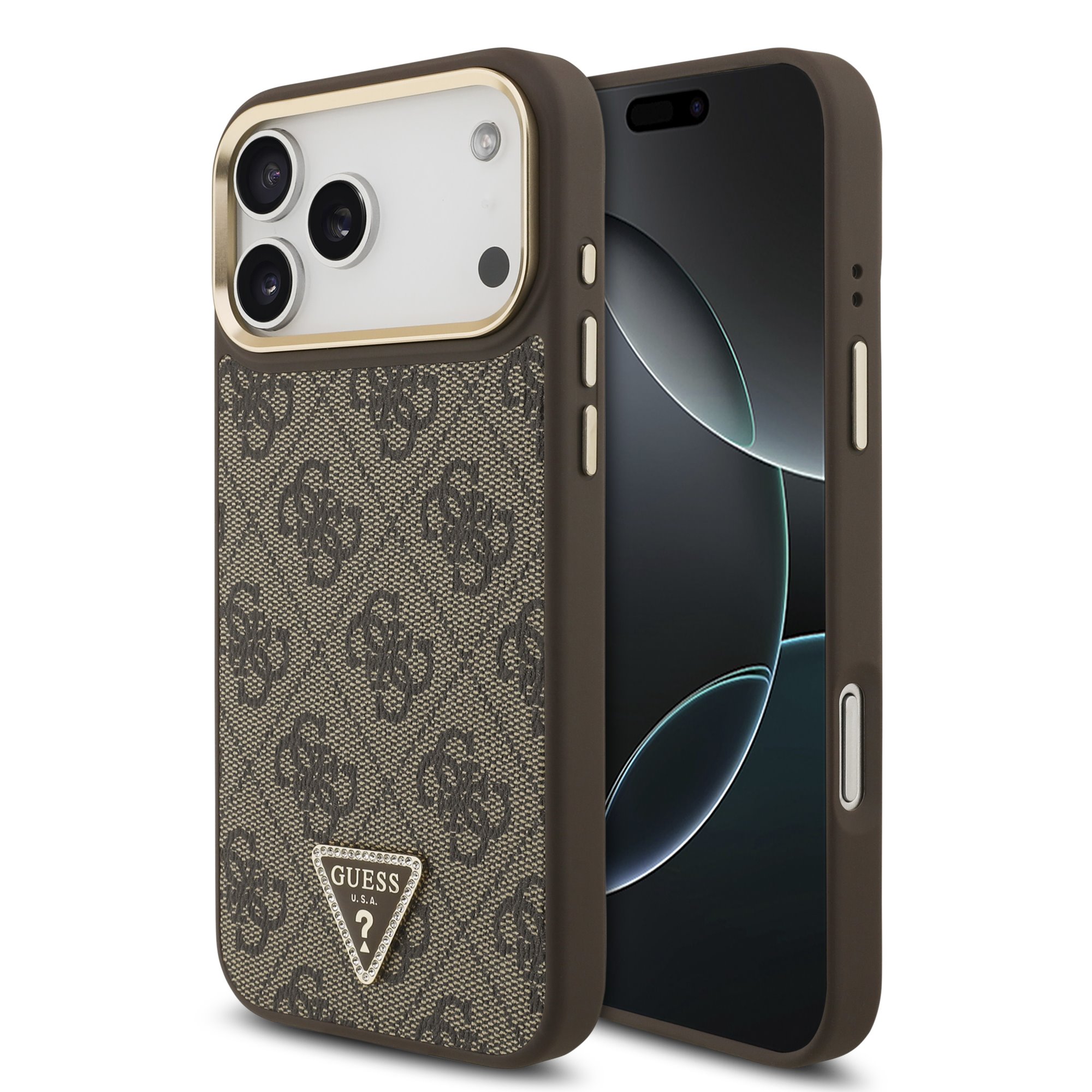 GUESS Калъф Apple iPhone 17 Pro Max, PU 4G Strass Triangle Logo Gold Frame MagSafe ,кафяв - GUHMP17XP4GTDGMW