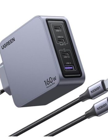 UGREEN 220V 160W, USB-A, 3xUSB-C + кабел C-C, Nexode Pro GaN, графит - X763 / 25877