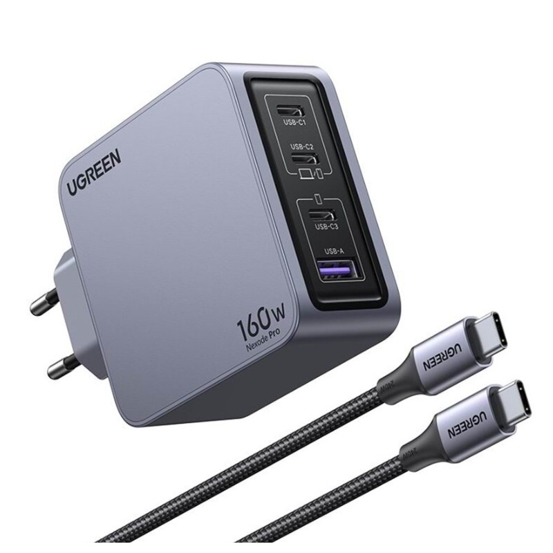 UGREEN 220V 160W, USB-A, 3xUSB-C + кабел C-C, Nexode Pro GaN, графит - X763 / 25877
