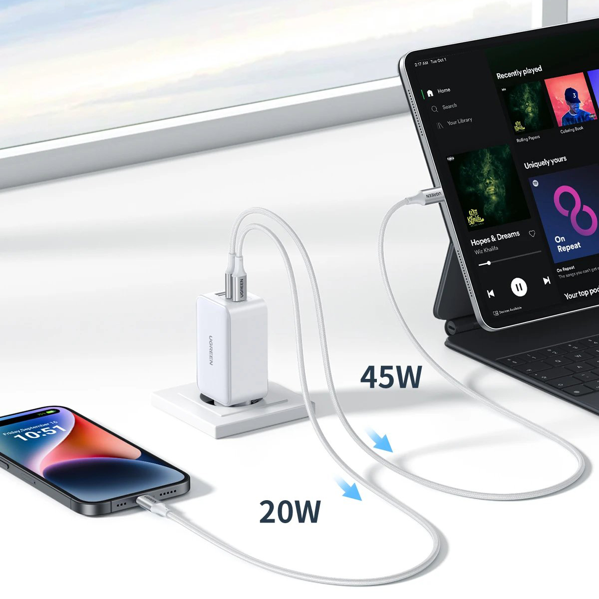 UGREEN 220V 65W, USB-A + 2xUSB-C, GaN Nexode, бял - CD244 / 15334 – снимка 5