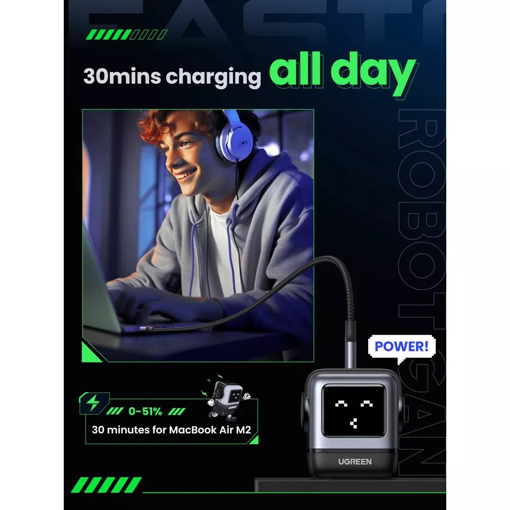 UGREEN 220V 65W, USB-A, 2xUSB-C Nexode RG Robot GaN, графит - CD361 / 25685B – снимка 6