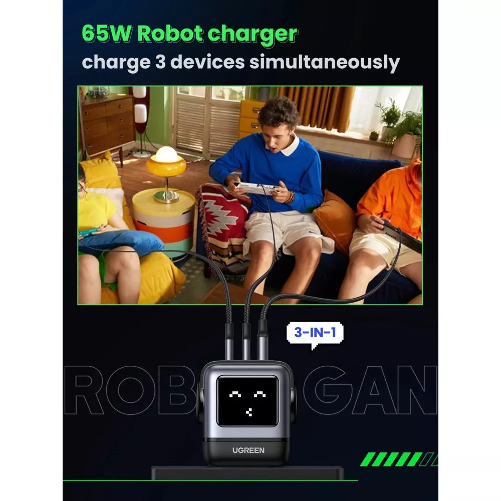 UGREEN 220V 65W, USB-A, 2xUSB-C Nexode RG Robot GaN, графит - CD361 / 25685B – снимка 7