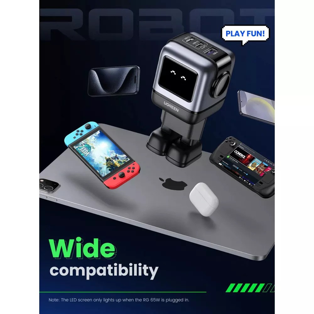 UGREEN 220V 65W, USB-A, 2xUSB-C Nexode RG Robot GaN, графит - CD361 / 25685B – снимка 4