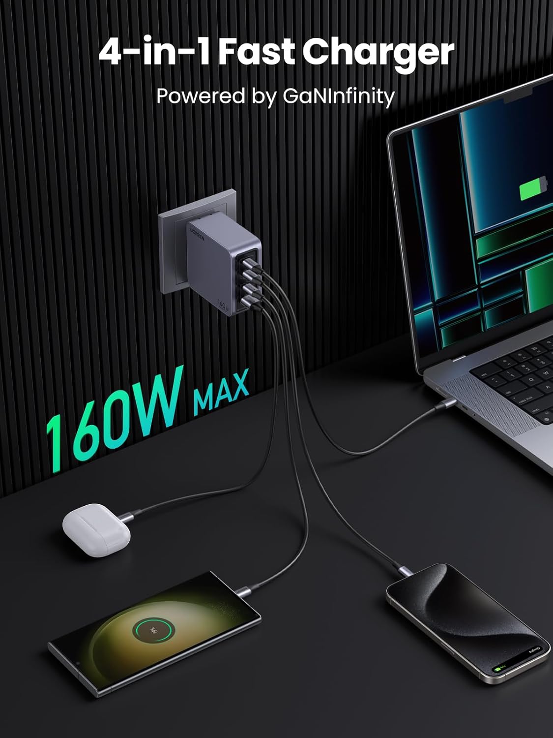 UGREEN 220V 160W, USB-A, 3xUSB-C + кабел C-C, Nexode Pro GaN, графит - X763 / 25877 – снимка 3
