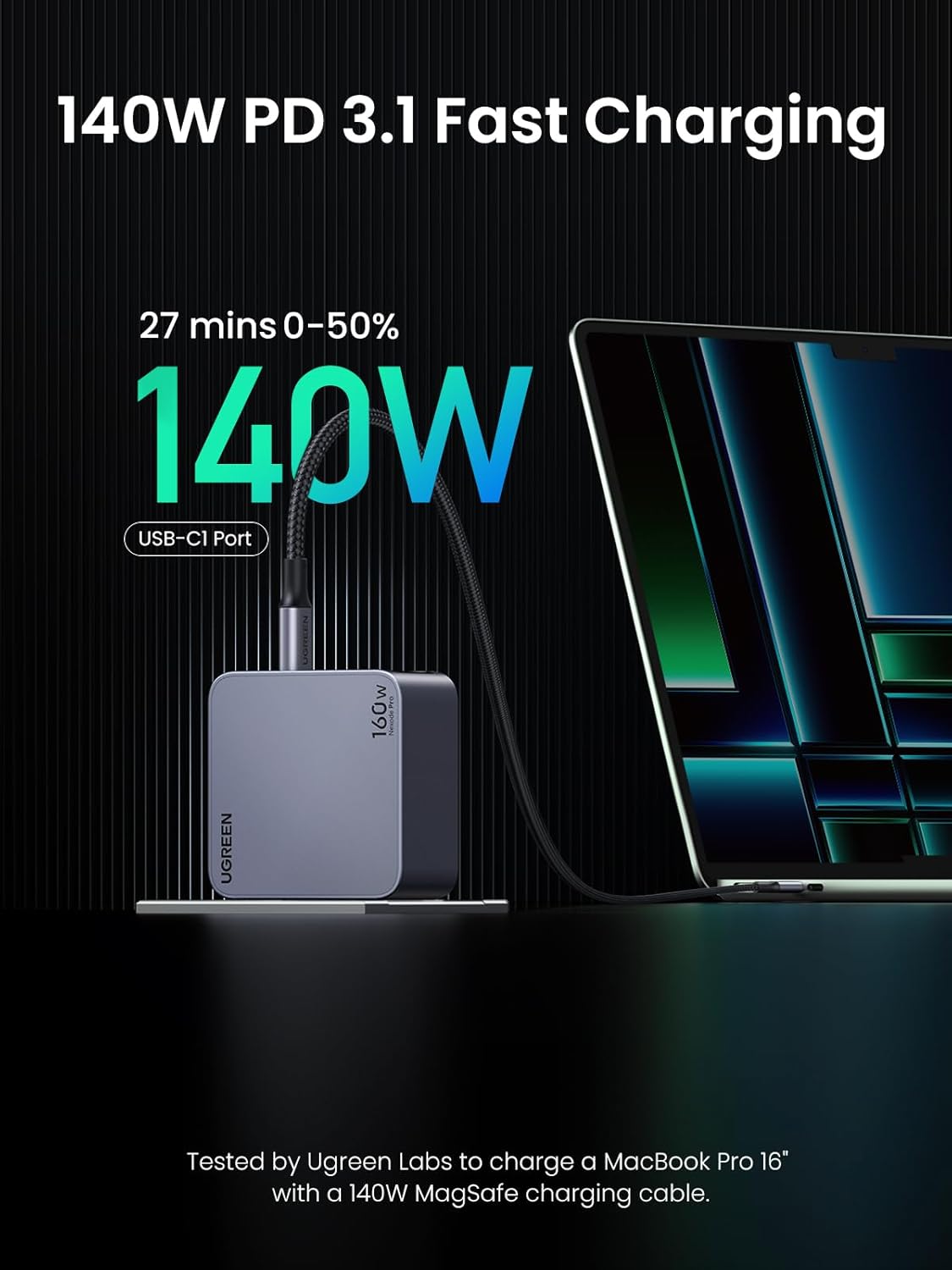 UGREEN 220V 160W, USB-A, 3xUSB-C + кабел C-C, Nexode Pro GaN, графит - X763 / 25877 – снимка 4