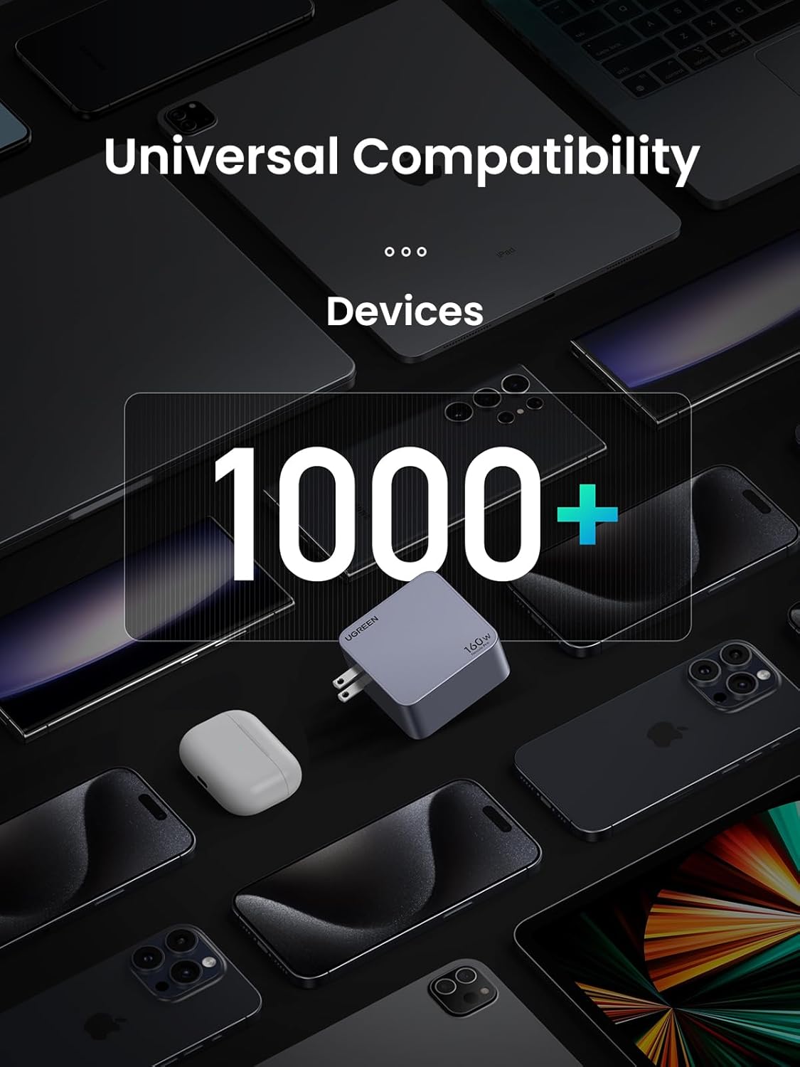 UGREEN 220V 160W, USB-A, 3xUSB-C + кабел C-C, Nexode Pro GaN, графит - X763 / 25877 – снимка 7