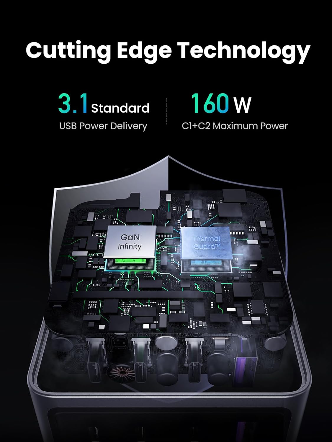 UGREEN 220V 160W, USB-A, 3xUSB-C + кабел C-C, Nexode Pro GaN, графит - X763 / 25877 – снимка 8