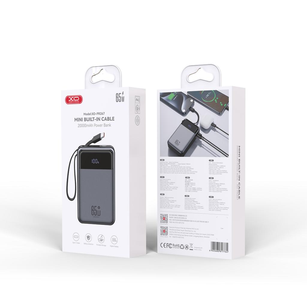 XO Power Bank 20000 mAh 65W + Digital display + вграден кабел - C, PR267 /сив/ – снимка 3