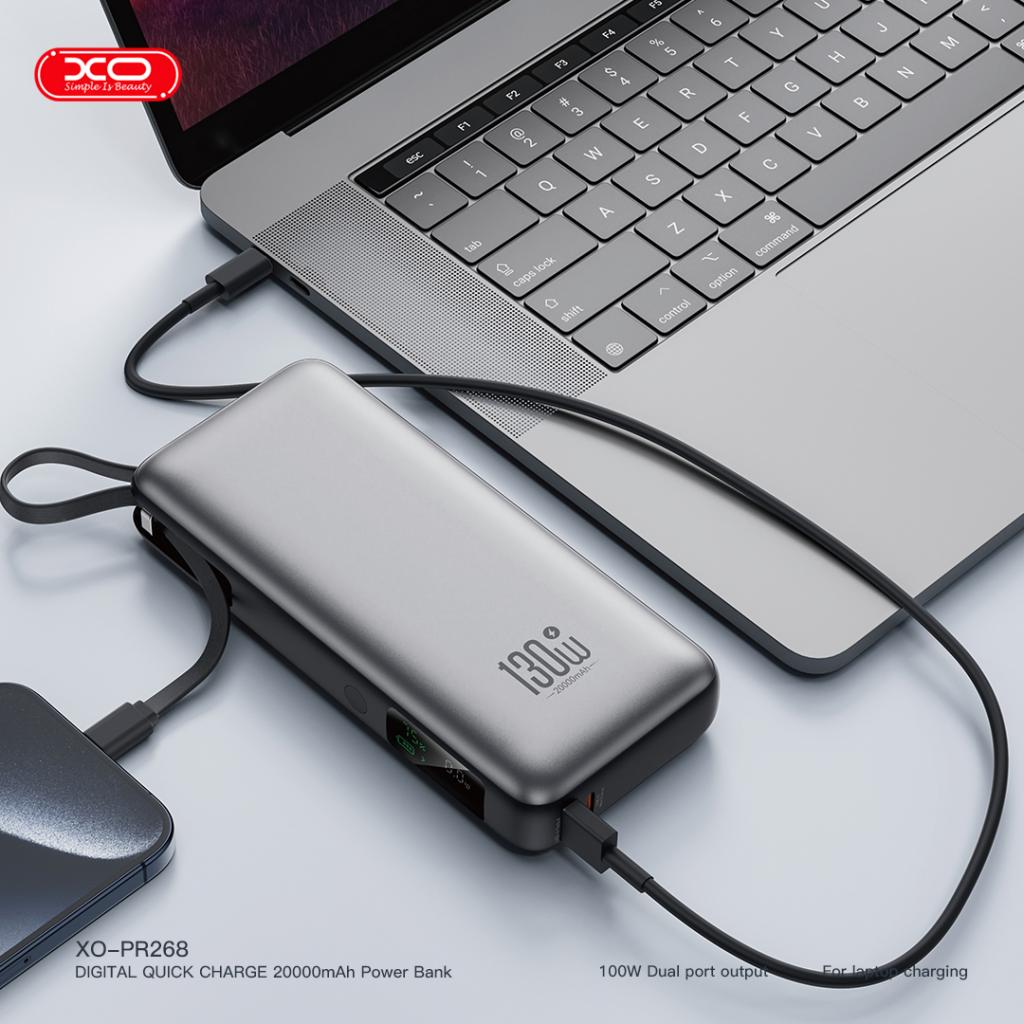 XO Power Bank 20000 mAh 130W + Digital display + вграден кабел - C, PR268 /сив/ – снимка 2