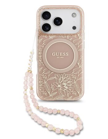 GUESS Калъф Apple iPhone 17 Pro Max, IML Flowers Allover MagSafe + Wrist Strap, розов - GUHMP17XHCPOFPP