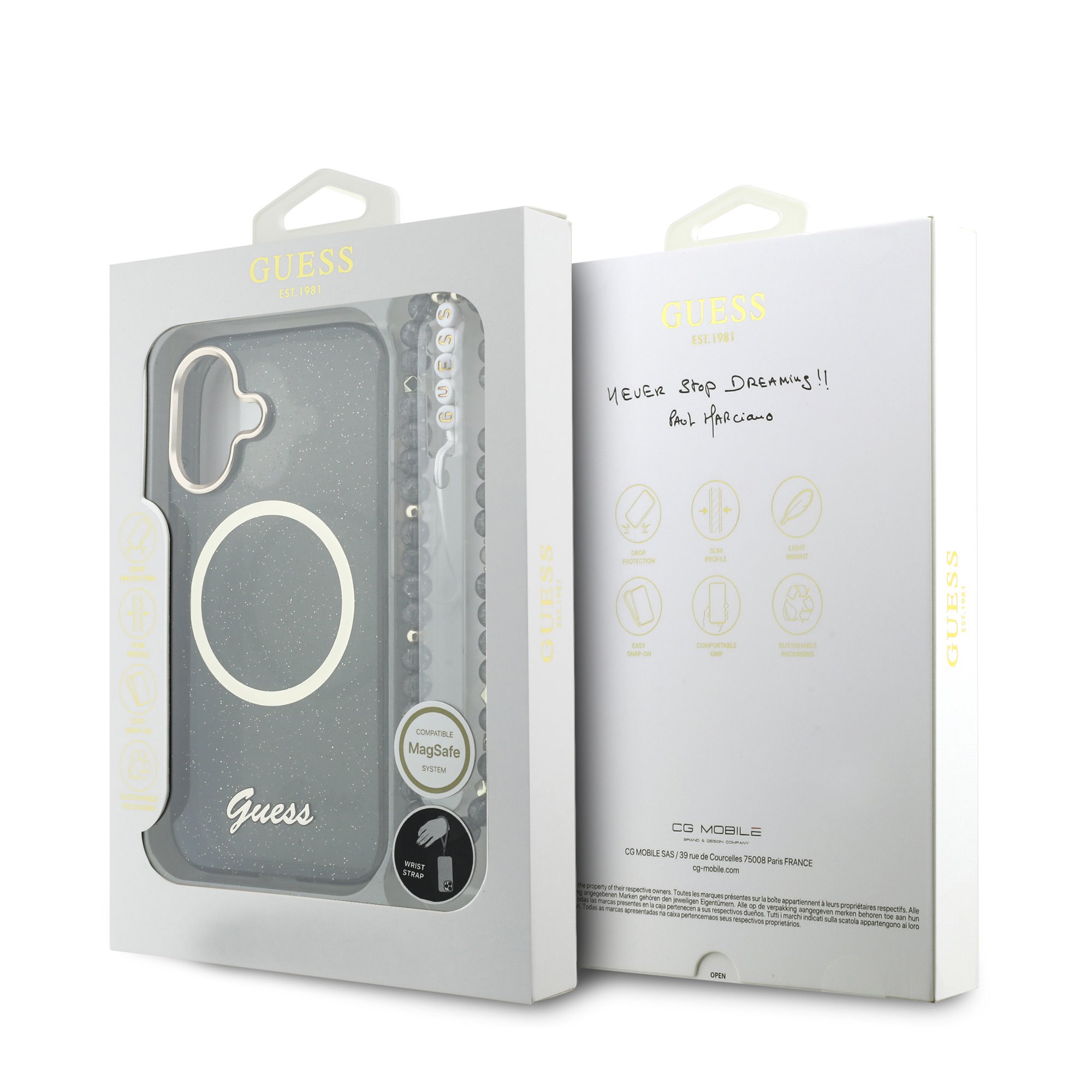 GUESS Калъф Apple iPhone 17, Glitter Script Strap MagSafe + Wrist strap /черен/- GUHMP17S5HTGSMSK – снимка 6