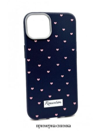 Кейс тпу за iPhone 14 - Тъмносин с розови сърчица “Romanticism”
