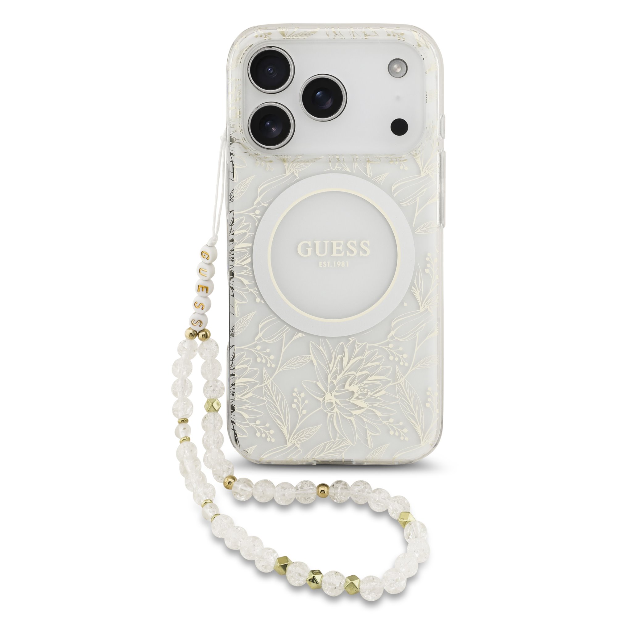 GUESS Калъф Apple iPhone 17 Pro Max, IML Flowers Allover MagSafe + Wrist Strap, бял - GUHMP17XHCPOFPH