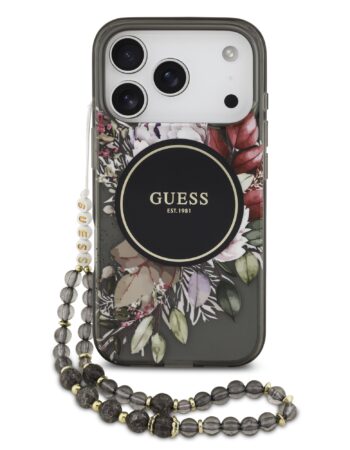 GUESS Калъф Apple iPhone 17 Pro Max, IML Flowers Allover MagSafe + Wrist Strap, черен - GUHMP17XHFWBRCESK