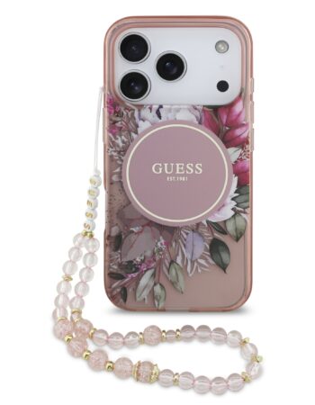 GUESS Калъф Apple iPhone 17 Pro, IML Flowers Allover MagSafe + Wrist Strap, розов - GUHMP17LHFWBRCESP